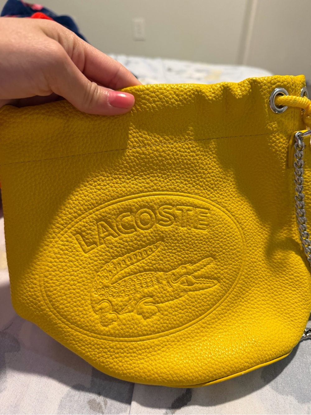 Lacoste Yellow Embossed Leather Crossbody Bucket Bag with Chain Strap